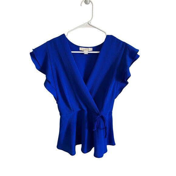 Monteau Women's Medium Blue Faux Wrap Ruffle Short Sleeve V-Neck Blouse - Picture 3 of 10